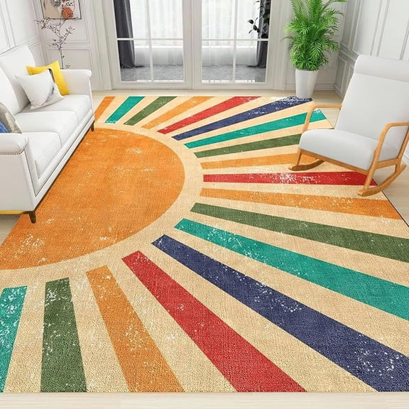 Retro Boho Rainbow Rays Living Room Area Rug, Non Slip Easy Care Kids Rugs, Breathable Durable Carpet for Indoor Bedroom Office Decor Rug 3 x 5ft