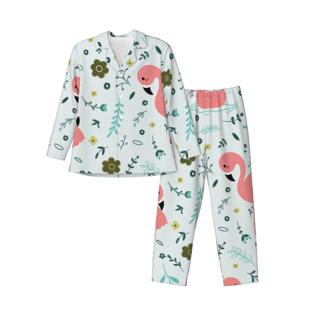 Balery Cute Flamingo Pijama para Hombre de Dos Piezas con Manga Larga, Conjunto de Dormir y Descanso Suave con Bolsillos-Small