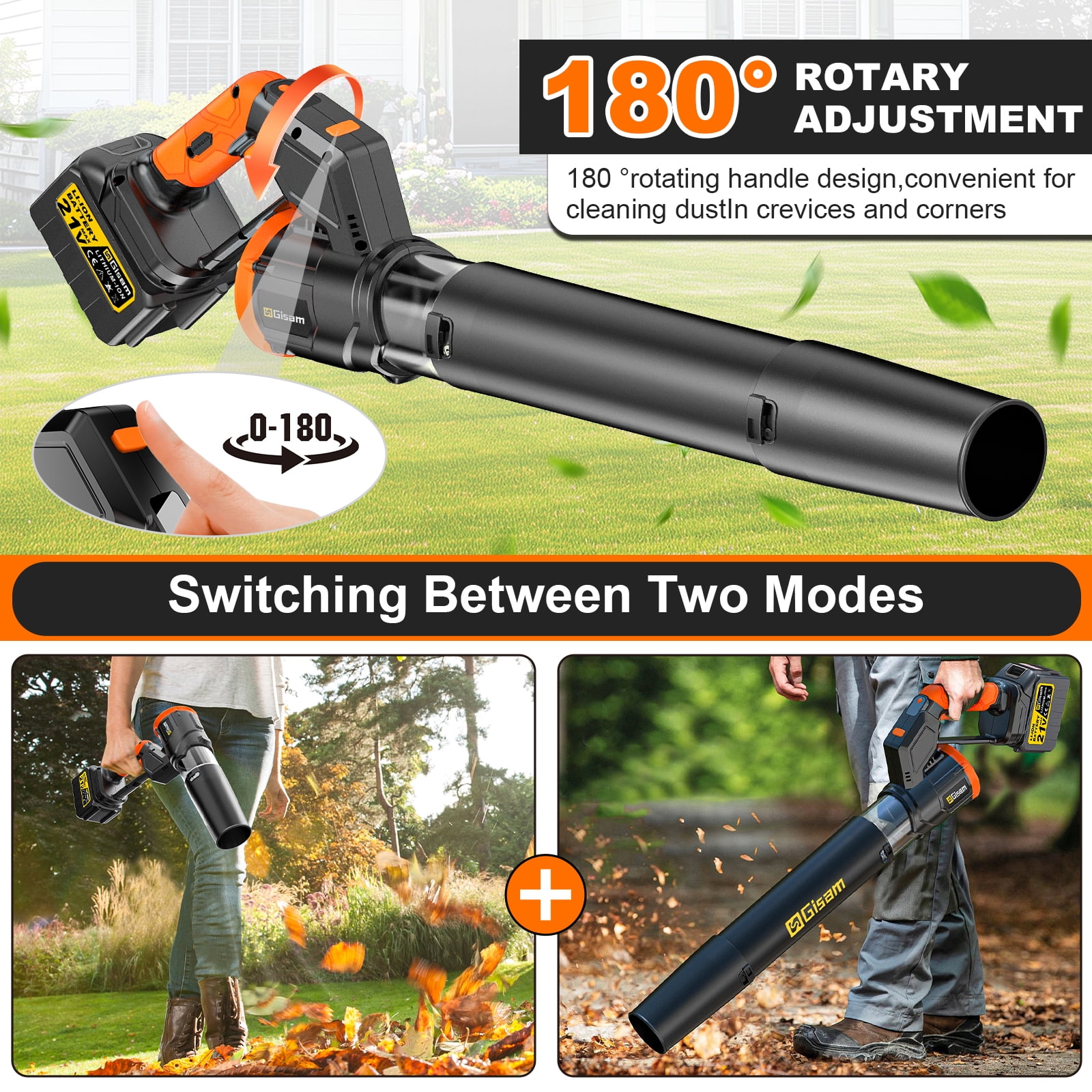 Gisam Rotatable Electric Brushless Cordless Leaf Blower 800000RPM 320CFM Handheld Leaf Blower with 2 X 6.0Ah Batteries for Patio Cleaning, Lawn Care, Blowing Leaves and Dust