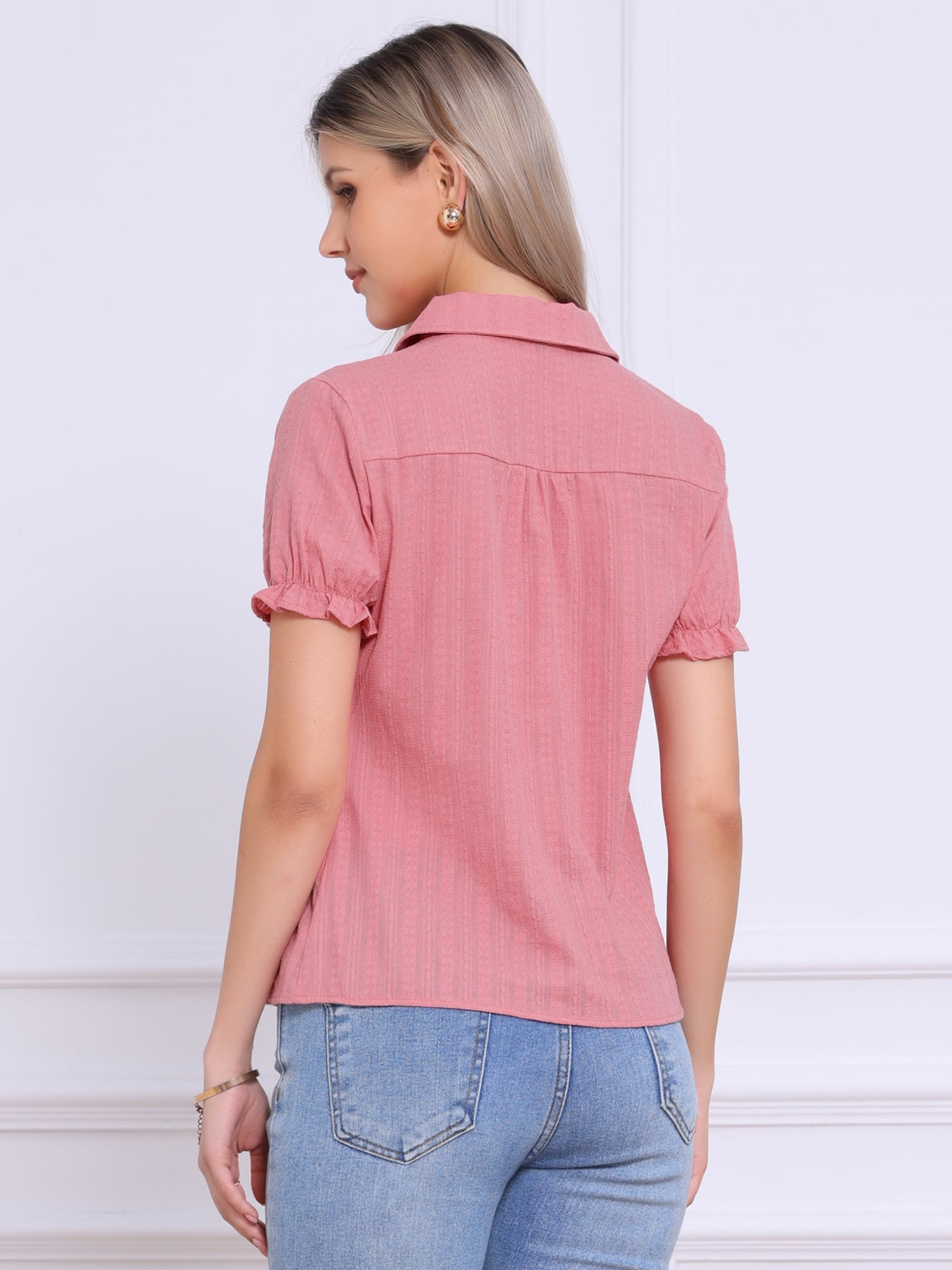 DARING DIVA Women's Collar Shirt Cotton Short Sleeve Button Down Shirt M Dark Pink