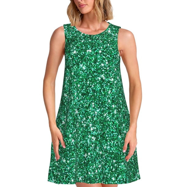 Fotbe Green Glitter Vestido de Verano sin Mangas para Mujer – Vestido Midi Línea A, Estilo Camiseta Floral, Vestido Playero Casual y Fluido