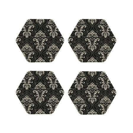 

Coasters Set of 4 - Elegant Black Floral Damask Drink Coasters for Tabletop Protection Leather Coasters for Living Room Decor and Housewarming Gift Hexagon
