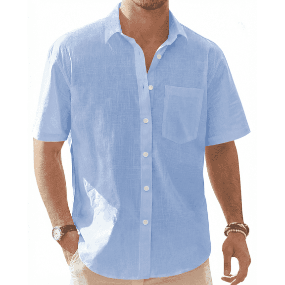Puztloy Men’s Shirt Linen Short Sleeve Casual Button Down Summer Beach Vacation Shirt with Pocket