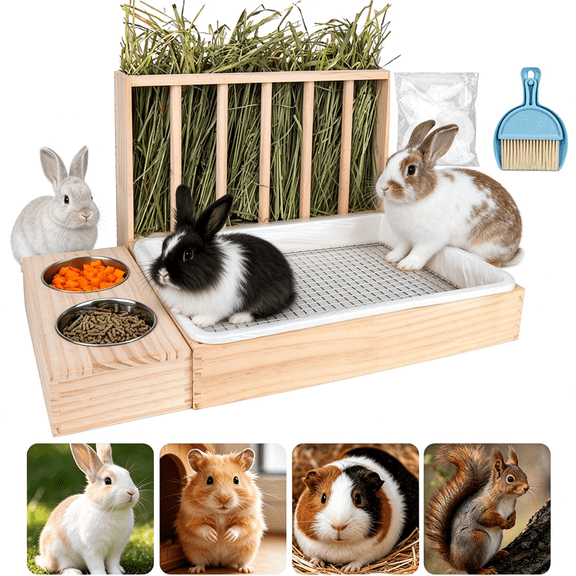 3-in-1 Rabbit Hay Feeder with Litter Box, Wooden Bunny Hay Feeder Set for Guinea Pig Chinchilla, Large Capacity Stainless Steel Mesh Cage Accessories for Quick Cleaning & Waste Prevention