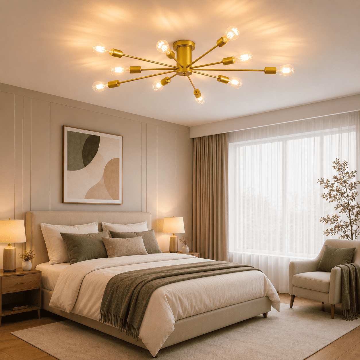 Garwarm 10-Light Gold Sputnik Chandelier, Modern Semi Flush Mount Ceiling Light, Industrial Ceiling Lighting Fixture for Dining Room, Living Room, Bedroom, Kitchen, Foyer