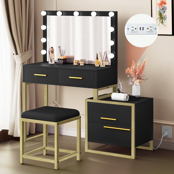 Makeup Vanity with 4 Drawers, Mirror and LED Lights, Vanity Desk with Mirror and 10 LED Light Bulbs, Black-Gold