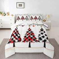 jejeloiu Cute Xmas Tree Bedding Comforter Set,Merry Christmas Twin Comforter Sets,Red Black Geometric Plaid Bedding Set For Girl Kids,Microfiber Bedroom Decor Reversible,2-Piece