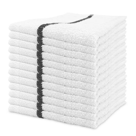 Qwick Wick Bar Mop Terry Towels (12 Pack) 16 x 19 100% Cotton Absorbent Soft Cleaning Cloths White with Black Stripe