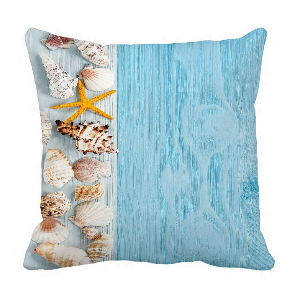 PHFZK Ocean Beach Theme Pillow Case, Starfish and Seashells on Blue