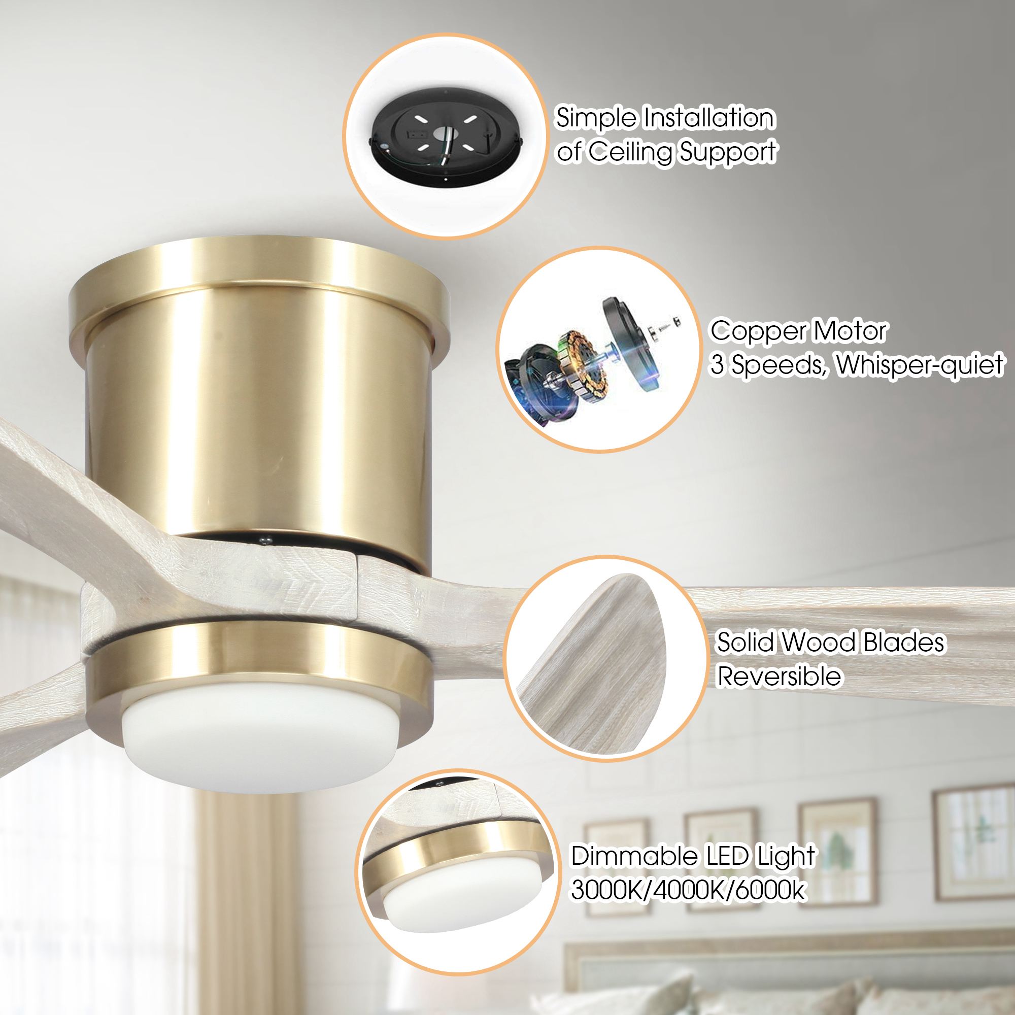 Low Profile Ceiling Fan with Lights 52 Inch Modern Flush Mount Ceiling Fan with Remote Control, Pale Gold - image 2 of 7