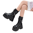 thumbnail image 5 of KIJBLAE Women's Punk Boots Goth Boots Buckle Belt Boots Gothic Black Shoes Autumn Winter Motorcycle Boots Wedges Black 38, 5 of 11