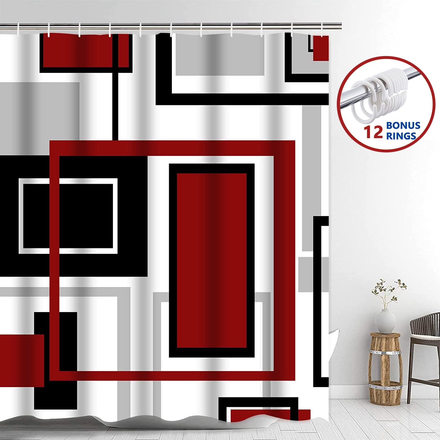 FRAMICS Red Black Geometric Shower Curtain and Rug Sets, 16 Pc Modern Abstract Bathroom Sets, Waterproof Fabric Shower Curtain with 12 Hooks and Toilet Rugs