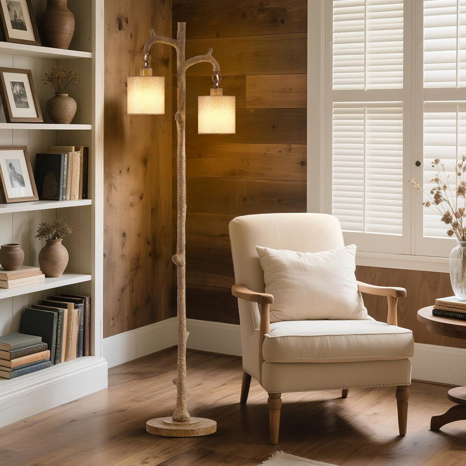 NATYSWAN Floor Lamp for Living Room - 69" Rustic Farmhouse Tree Trunk Tall Lamp - Brown Reading Light with Linen Shade Standing Lamps for Bedroom Office Home Decor