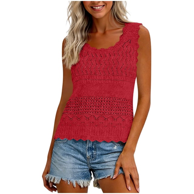 Lace Knit Tank Top for Women, Ribbed Sleeveless Crochet Vest with Scalloped Hem and Bohemian Openwork Design in Solid Beige