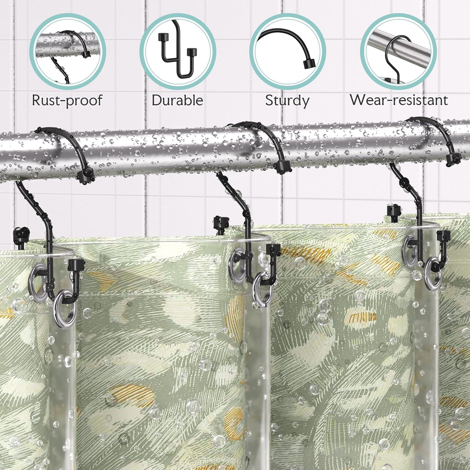 High-Low Double Shower Curtain Hooks, Bathroom Shower Curtain Rings, Separate Liner & Curtain to Prevent Tangling, Rust-Resistant Metal, Smooth Glide, 12-Pack Matte Black