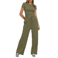thumbnail image 6 of Two Piece Sets for Women Summer Casual Outfit Sets Solid Color Button Down Round Neck Short Sleeve Tops and Drawstring Wide Leg Pants with Pocket Sets Relaxed Vacation Wear, 6 of 8
