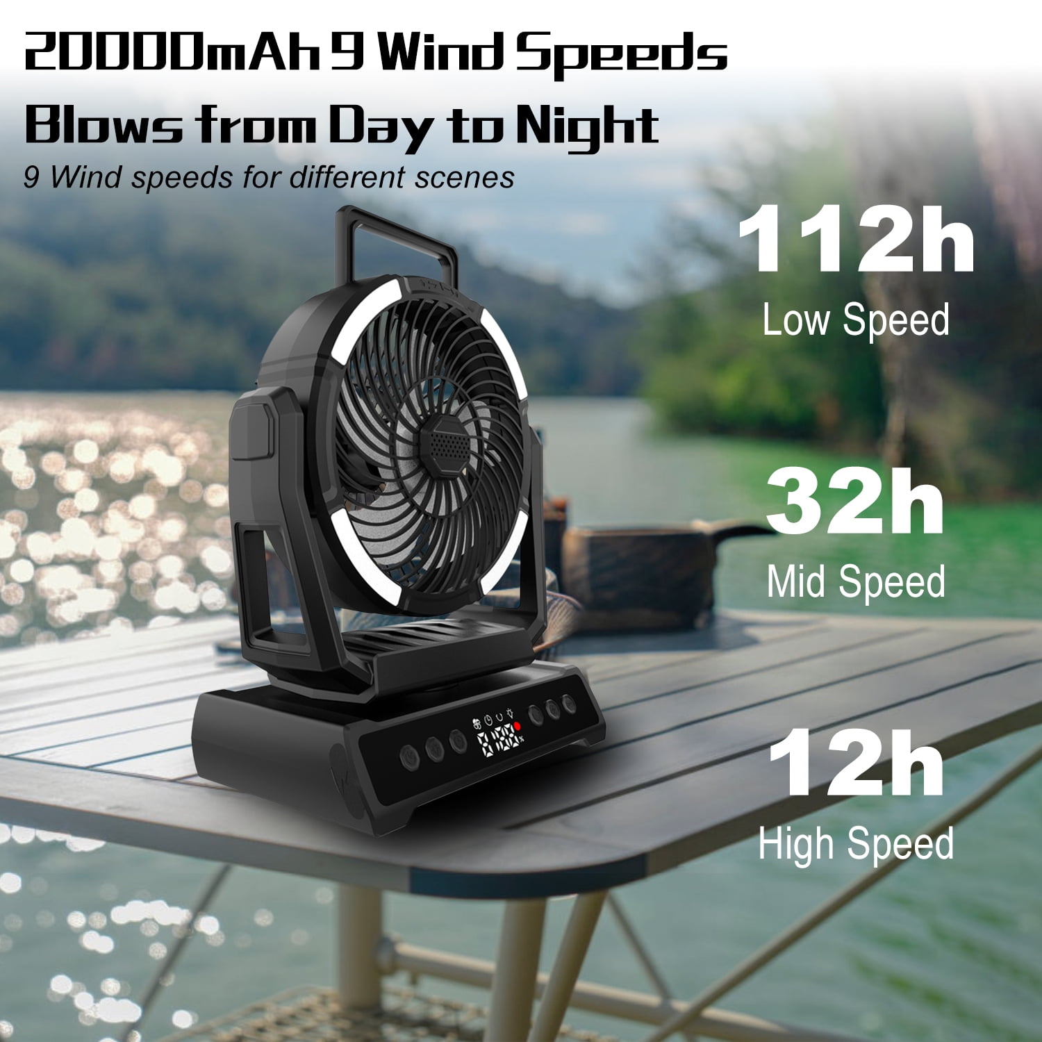 KANCOKIT Portable Fan with Light, 20000mAh 9 Speeds Rechargeable Battery Fan with Remote Digital Display, Timer, Auto Oscillation, Tent Fan for Car Travel RV Camp Patio