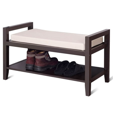 Gymax Wood Shoe Bench Storage Rack Cushion Seat Ottoman Bedroom