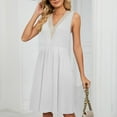 thumbnail image 4 of YYDGH Women's Sleeveless Solid Dress Casual Crochet Lace Trim V Neck Mini Dress Elastic Waist Pleated Dresses with Pockets White L, 4 of 7