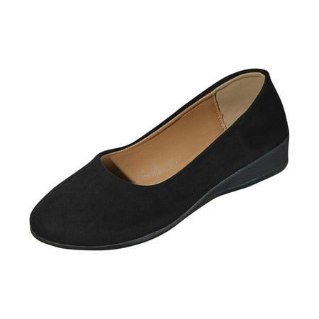 hopeusnice Clearance Women s Suede Leather Wedge Heel Flats Slip On Ballerina Shoes Comfortable Low Heel Work Wedding Party Dressy Office Shoes Black 38