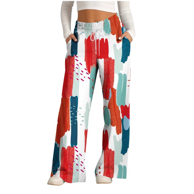 Pants for Women, Womens Fashionable Striped Printed Drawstring Wide Leg Pants