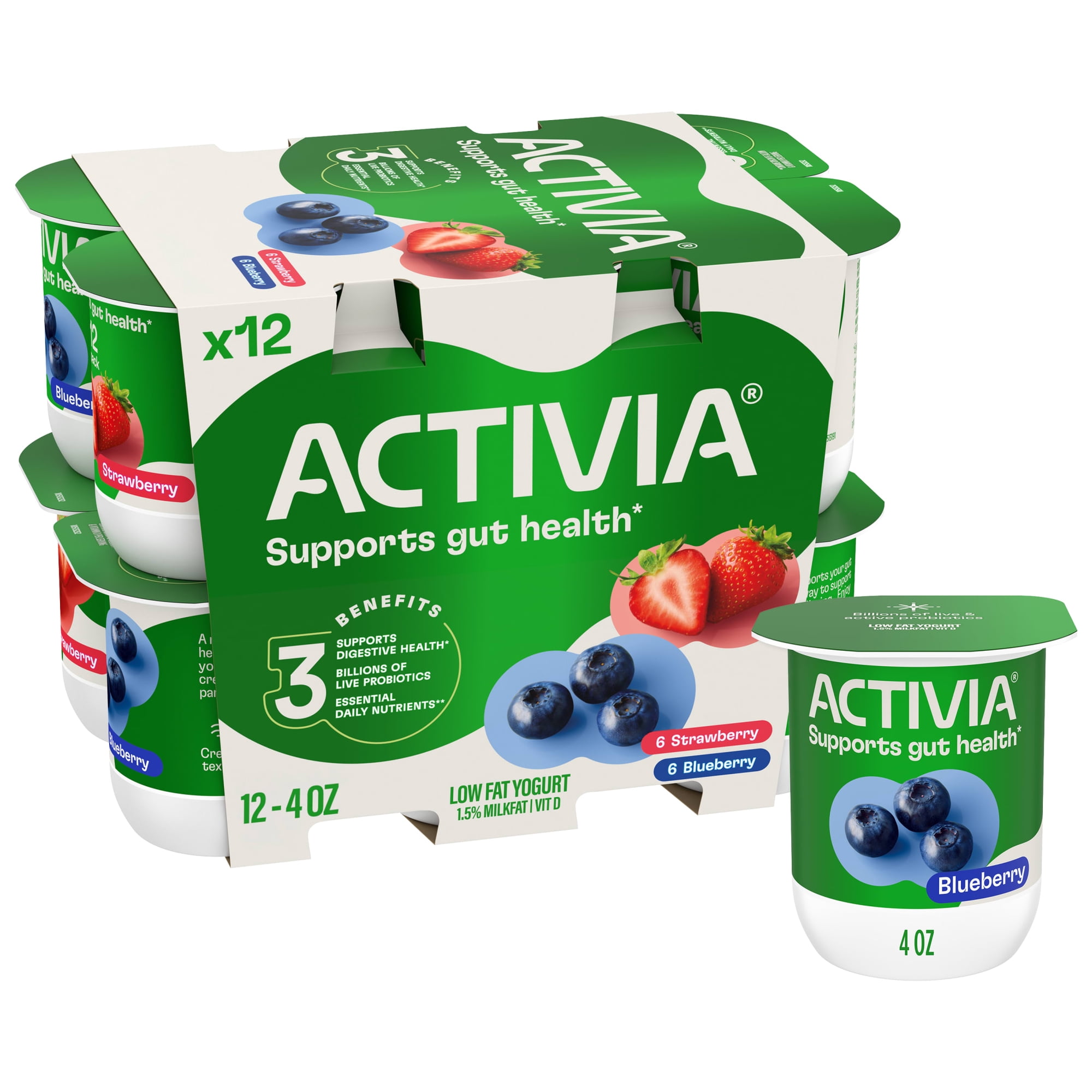 Activia Strawberry and Blueberry Low Fat Probiotic Yogurt Cups Variety Pack, Helps Support Gut Health, 4 oz, 12 Count