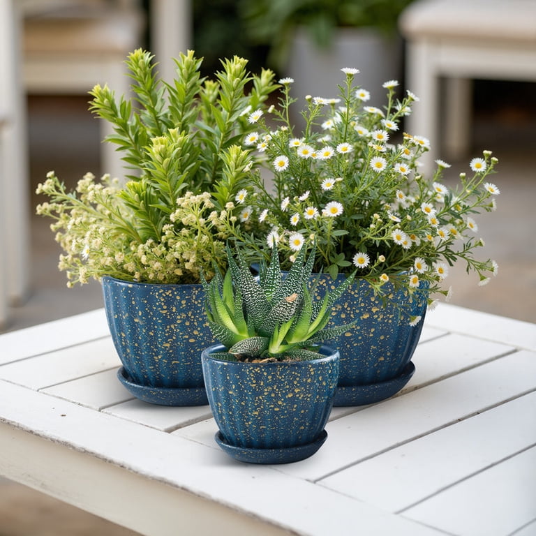 LYZHBFJ Ceramic Plant Pots Set of 3, Blue Mini Planters photo 3