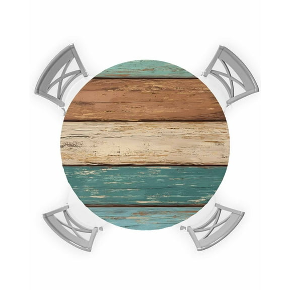 nqOlkjepod Teal Turquoise Round Tablecloth, Fitted Table Cover with Elastic for 36"-44" Round Tables, Retro Farmhouse Wood Grain Brown Table Cloth Outdoor Indoor Dinning Party Waterproof Tablecloths