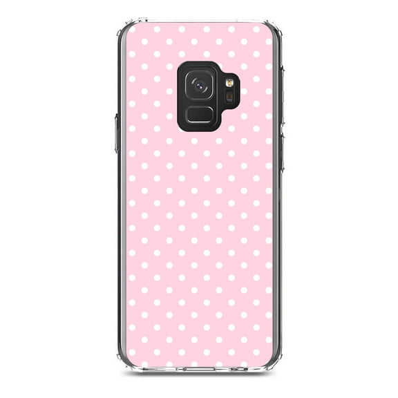 DistinctInk Clear Shockproof Hybrid Case for Samsung Galaxy S9 (5.8" Screen) - TPU Bumper, Acrylic Back, Tempered Glass Screen Protector - Pink & White Polka Dot Pattern