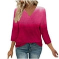 thumbnail image 2 of Drindf 3/4 Length Sleeve Gradient Womens Shirts V Neck Dressy Casual Tunic Tees Spring Loose Fit Tops Lightweight Comfy Blouses Hot Pink M, 2 of 7