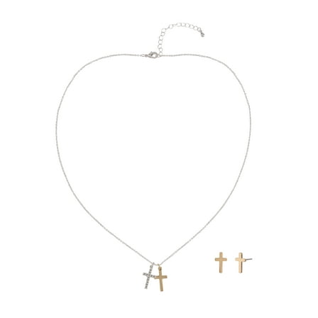 Believe by Brilliance Women's Adult Female14kt Gold Flash Plated and Fine Silver Plated Cross CZ Necklace and Earring Set.