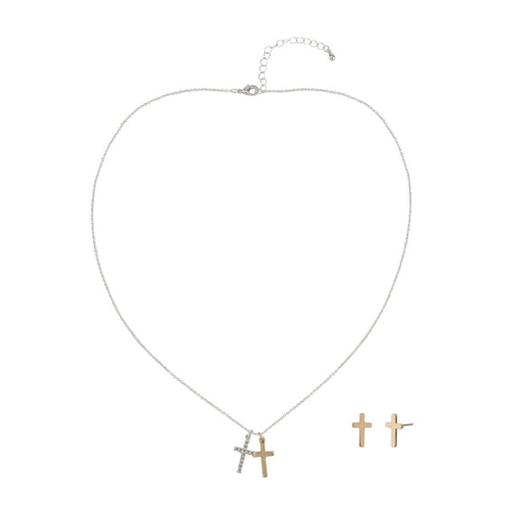 Believe by Brilliance Women's Adult Female14kt Gold Flash Plated and Fine Silver Plated Cross CZ Necklace and Earring Set.