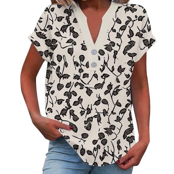 Enjoytime Womens Blouses Vintage Printed V-Neck Short Sleeve Shirts Spring Summer Business Casual Plus Size Womens Tops Khaki L