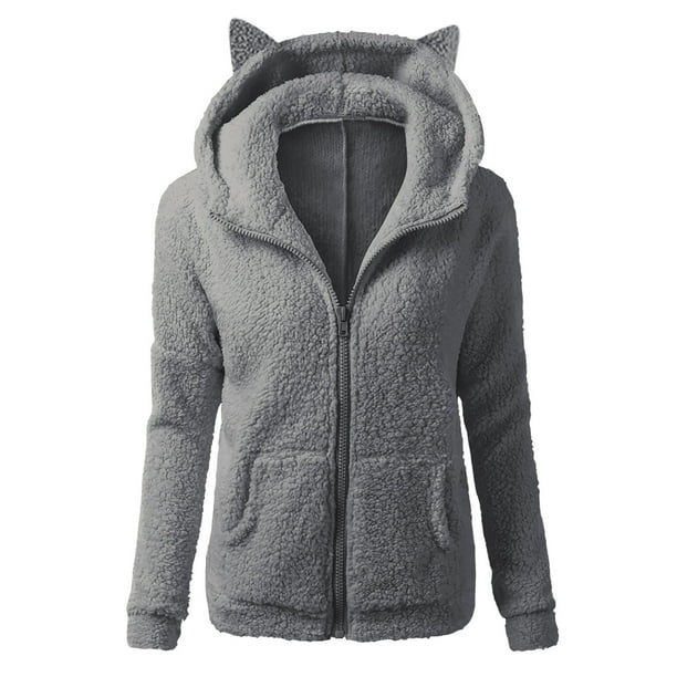 Cute Sherpa Fleece Hoodie Jacket Women Full zip Cat Ears Long Sleeve Plush Faux Shearling Plain Hooded Sweatshirt Large Dark Gray Ears