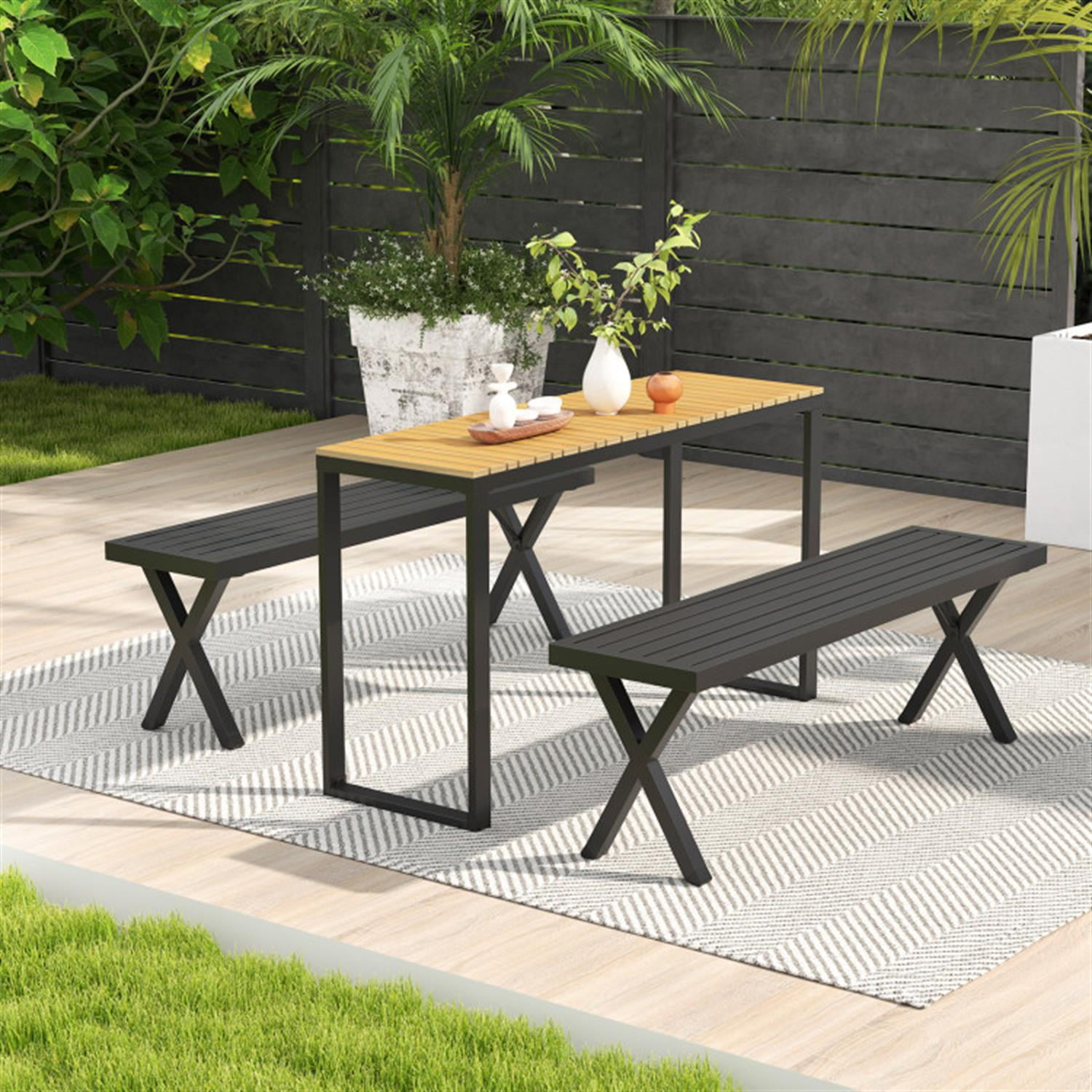 Demi Bonn Patio Metal Bench with Slatted Seat and X Legs, Outdoor Benches Accent Furniture for Yard, Garden, Black