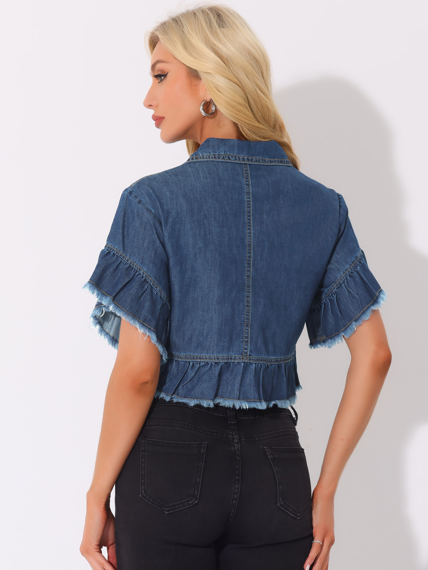 DARING DIVA Women's Ruffled Denim Jacket with Peplum Hem Design M Dark Blue