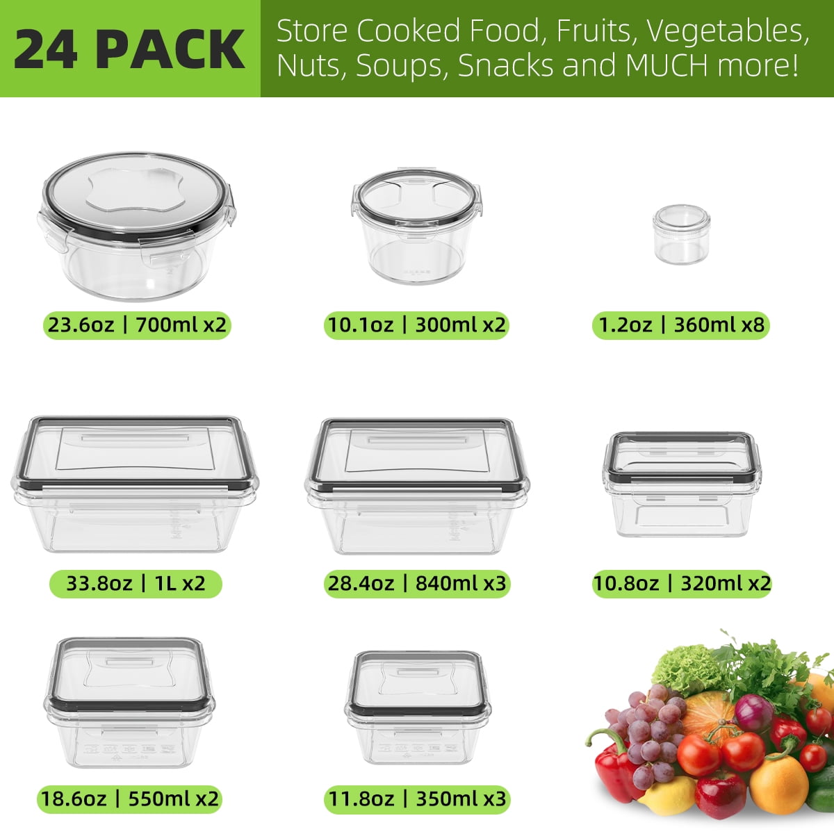 GPED 48 Pcs Food Storage Containers Set with Lids - BPA-Free Airtight Plastic Containers for Pantry & Kitchen Organization, Lunch Containers with Free Labels & Marker (24 Lids + 24 Containers)