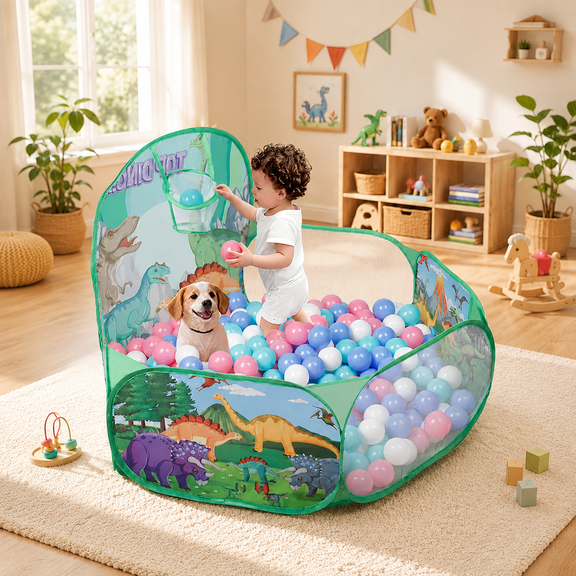 Willingheart Kids Ball Pit Large Pop Up Childrens Ball Pits Tent for Toddlers Playhouse Baby Crawl Playpen with Basketball Hoop, 4 Ft/120CM, Balls Not Included(Dinosaur)