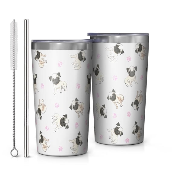 Pug and Footprints 10oz Tumblers Stainless Steel Tumbler with Lid and Straw,Vacuum Insulated Double Wall Travel Tumbler Cups with Cleaning Brush for Coffee, Tea