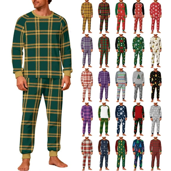 Afuyipoi Christmas Pajamas Men, Homewear Plaid Print Two-Piece Set Themed Pajamas Green S