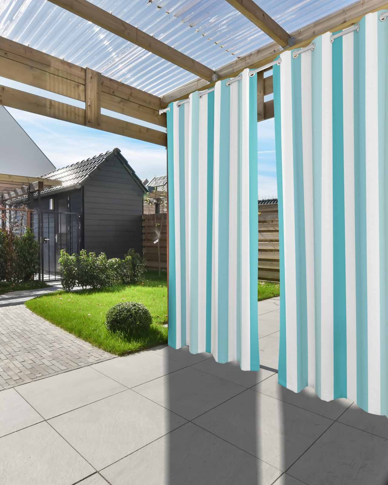 Teal Aqua Stripe Outdoor Curtains for Patio, Gradient Geometric White Vertical Striped Privacy Drapes Grommet Waterproof Outside Curtains for Porch/Cabana/Balcony 54"x 84", 2 Panel