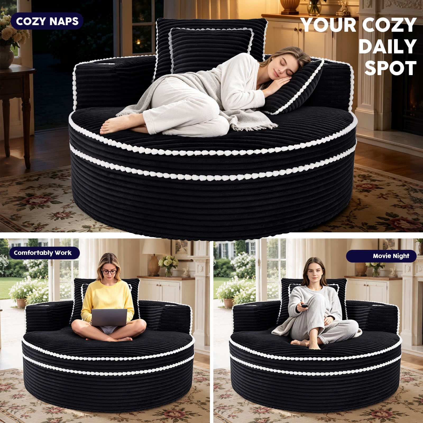 Lunale 54" Oversized Chaise Lounge Chair Indoor, Round Boneless Cloud Couch, No Assembly Required, Accent Reading Chair for Living Room, Black Corduroy