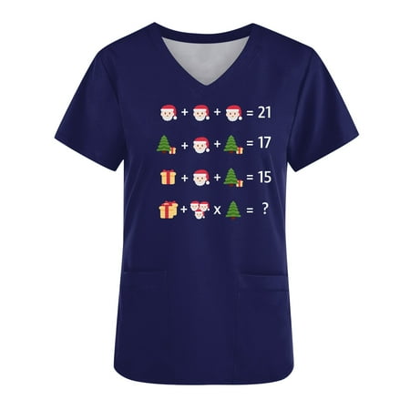 

qolati Christmas Scrub Tops for Women Cute Santa Claus Printed Short Sleeve Working Tee Shirts Xmas Loose V Neck Holiday Tunic Blouse with Pockets