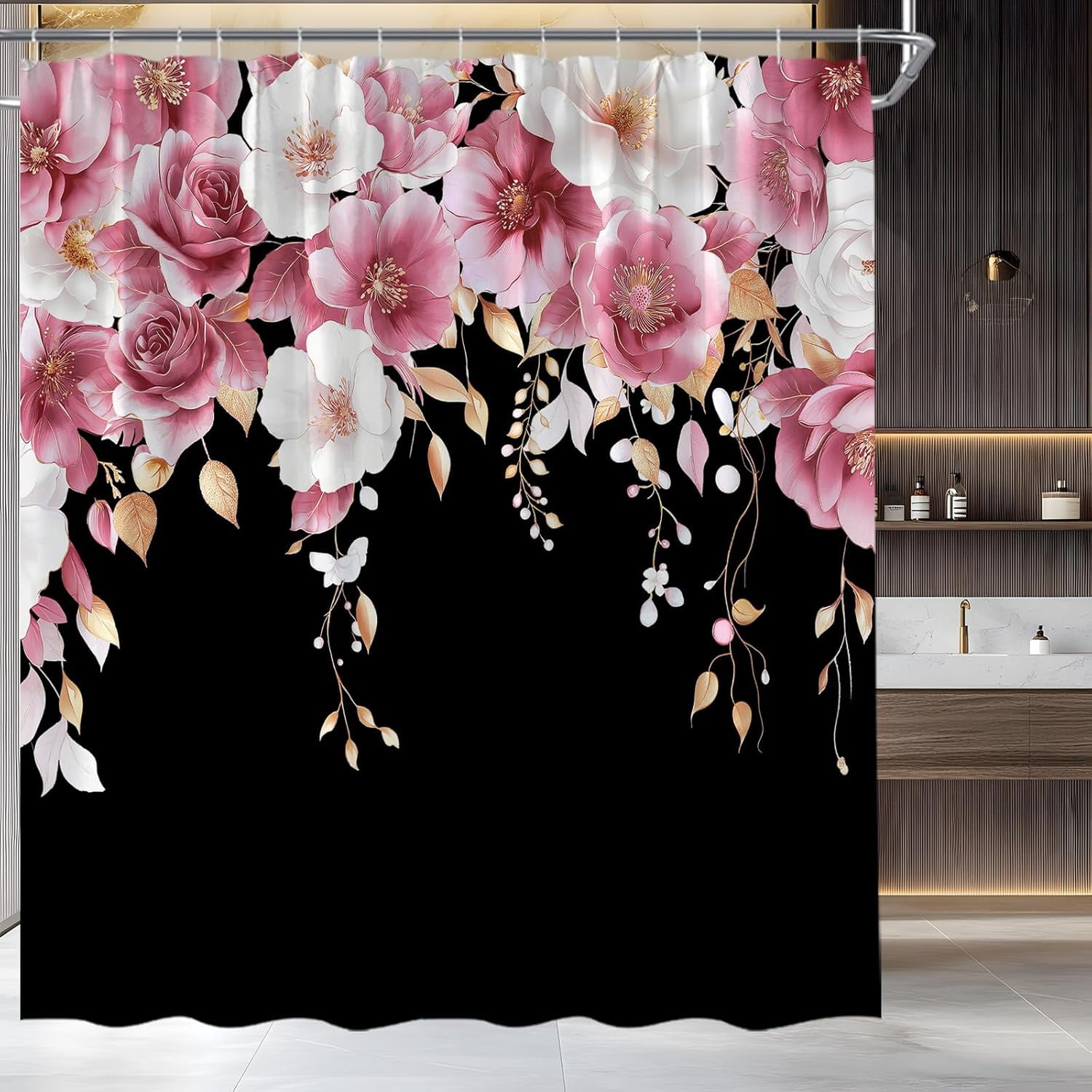Pink and Black Floral Shower Curtain Pink Flower Watercolor Plant Rose Eucalyptus Leaf Spring Summer Botanical Fabric Bathroom Curtain Set with Hooks 72"W x 72"L (Pack of 1)