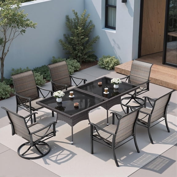 Outdoor Dining Sets, Patio Table and Chairs with Swivel Chair and Umbrella Hole for 6, Weatherproof Patio Furniture Set Mesh, Wicker Table Top