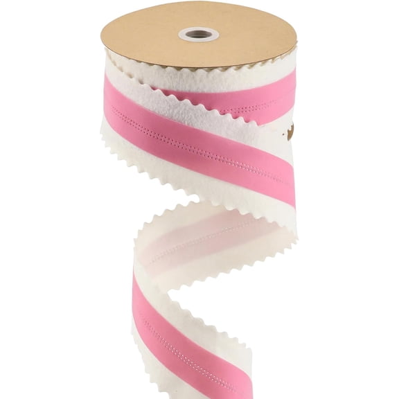 Christmas 2.5 Inch Felt Ribbon 10 Yards Wired Gift Wrap Ribbon White Felt with Pink Velvet Middle Rickrack Cutout Ribbons for Christmas Tree Decoration, Topper Bow, Garland