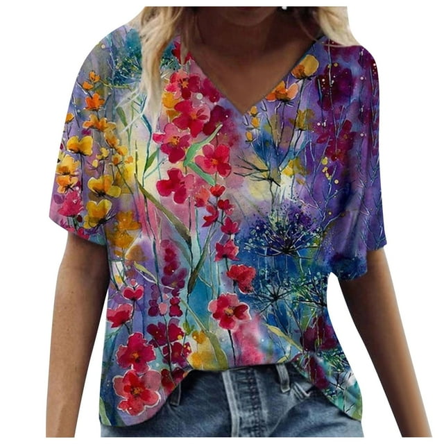 Plus Size Women Short Sleeve Printed V-Neck Tops Tee T-Shirt Blouse