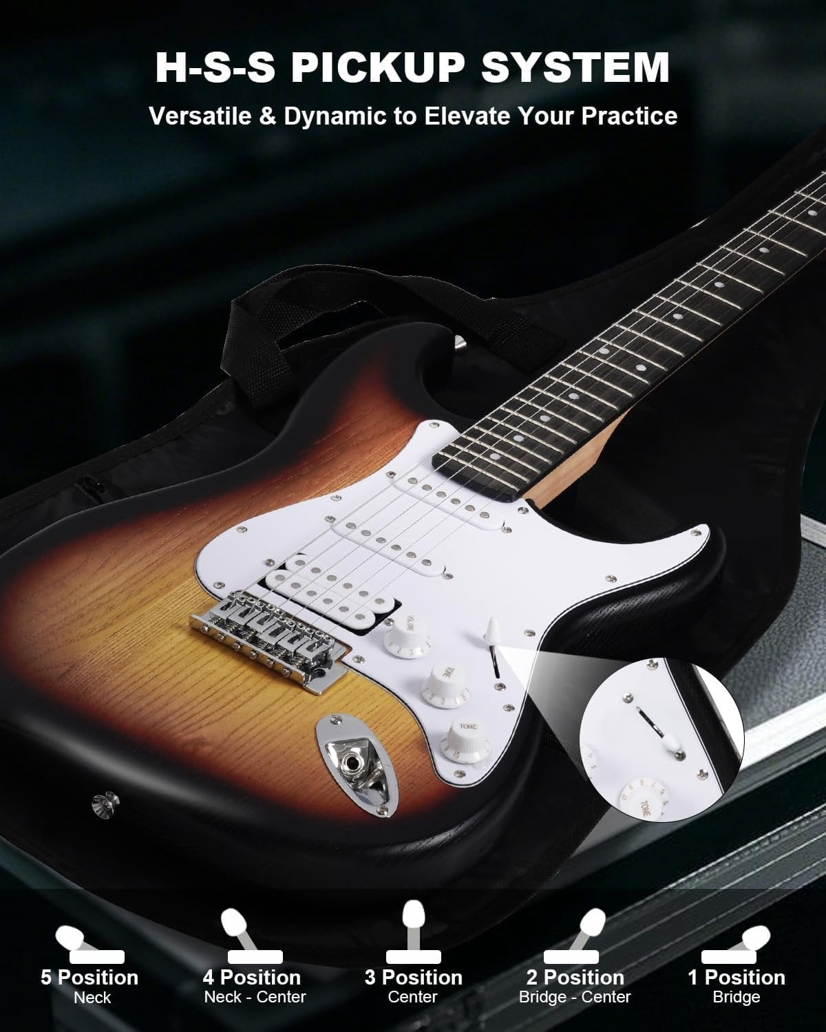 RST-150 39"Beginner Electric Guitar Kit with Amplifier, Classic HSS Pickup, Electric Guitar with Gig Bag, Capo, Strap, Extra Strings, Digital Tuner, 3 Picks, Cleaning Cloths (3-Sunburst)