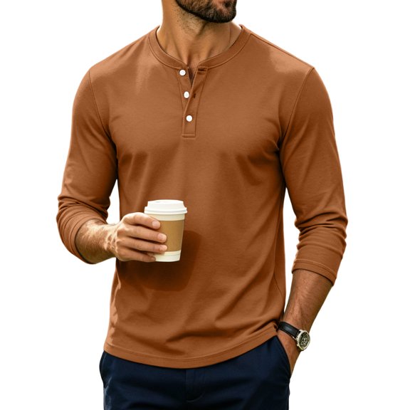 Dweltoz Men's Henley Shirts Long Sleeve 3 Button Casual Basic Solid Pullover Shirt Soft Comfortable Lightweight Classic Tee Tops,Brown XL