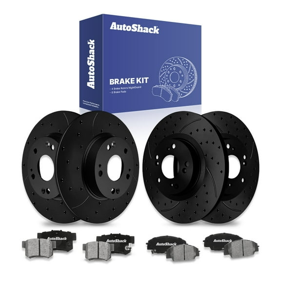 AutoShack Front & Rear Drilled & Slotted Brake Rotors Ceramic Brake Pads | Replacement For 2006-2011 Honda Civic 2007-2010 Acura CSX 2.0L FWD | Black E-Coated | 12-PC Brake Kit | NightGuard